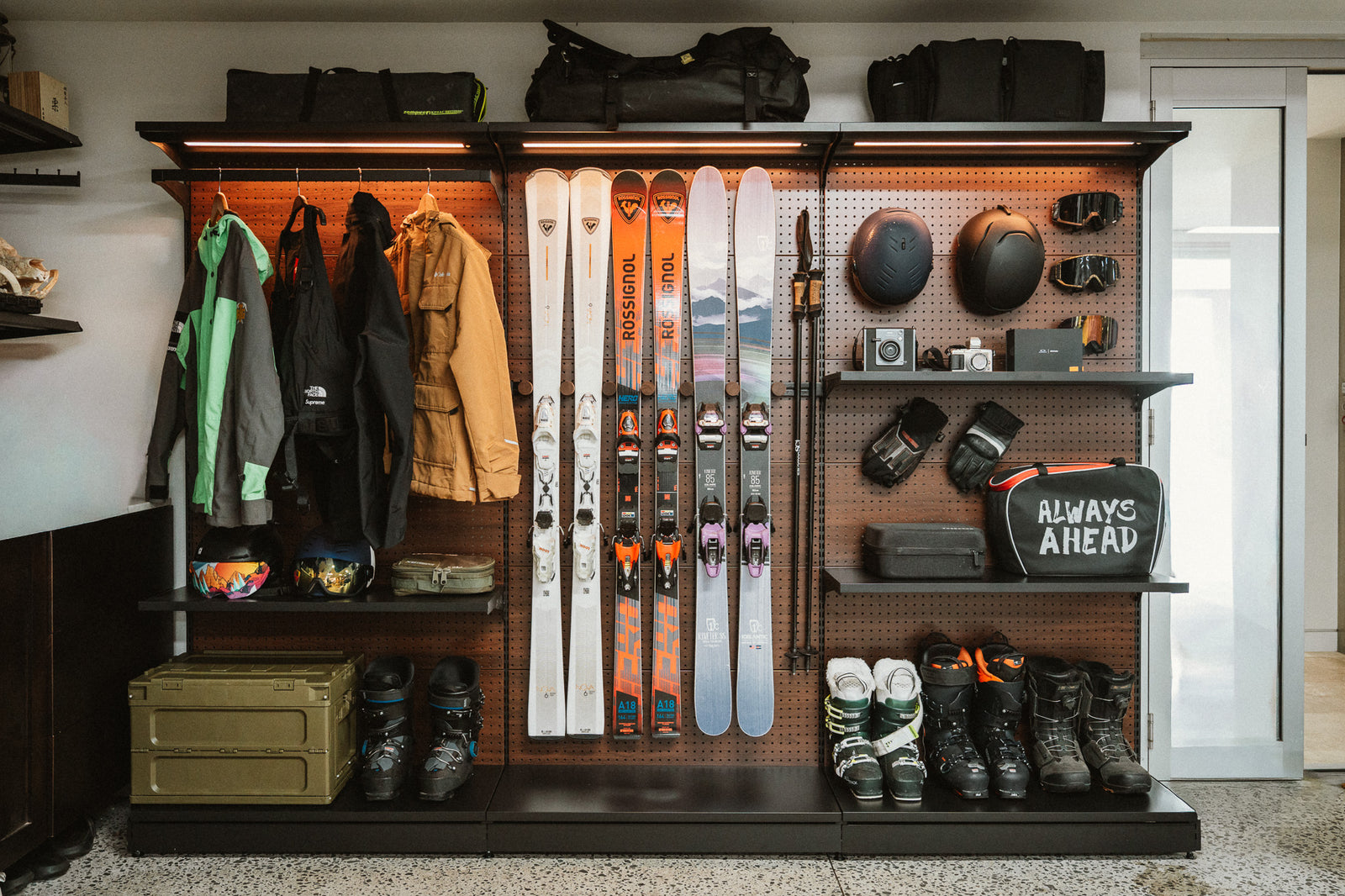 PegGrid modular storage system arranged with outdoor and camping equipment